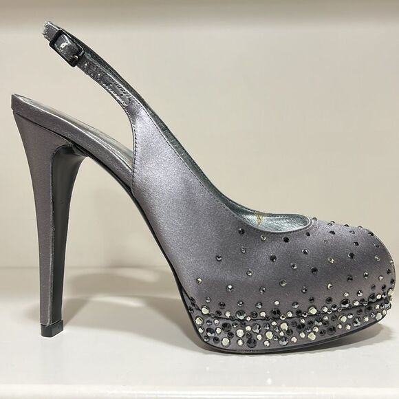 Stuart Weitzman Gray Satin With Silver & Black Rhinestone Platform Heels - Picture 7 of 7